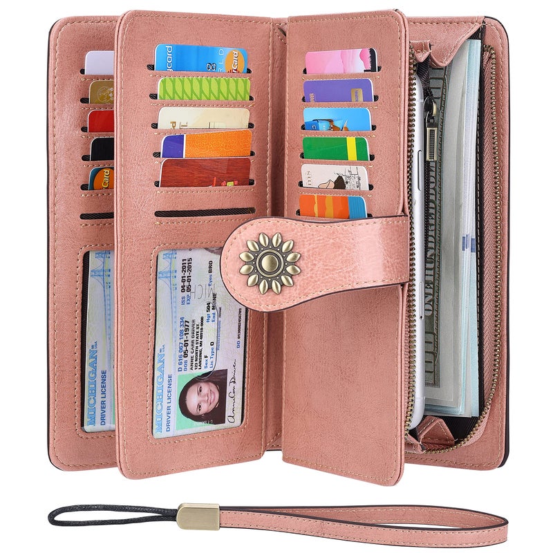 Lavemi Womens Large Capacity Genuine Leather RFID Blocking Wallets Wristlet Clutch Card Holder(1- Dark Pink) - Image 1
